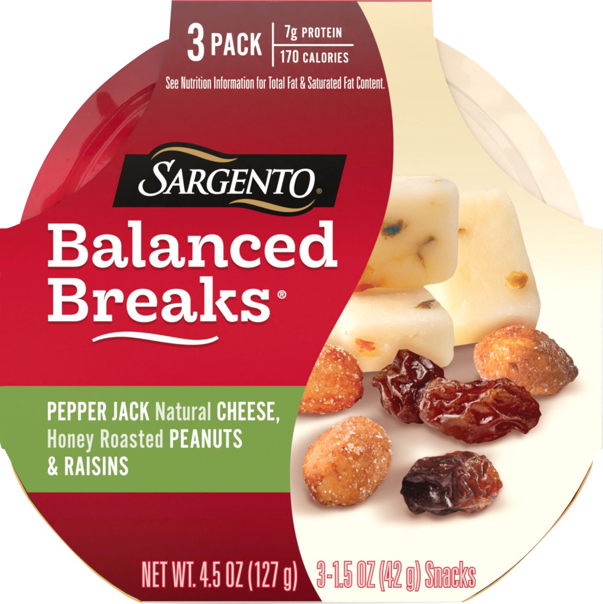 slide 6 of 9, Sargento Balanced Breaks Pepper Jack Cheese, Honey Roasted Peanuts & Raisins - 4.5oz/3ct, 3 ct; 4.5 oz