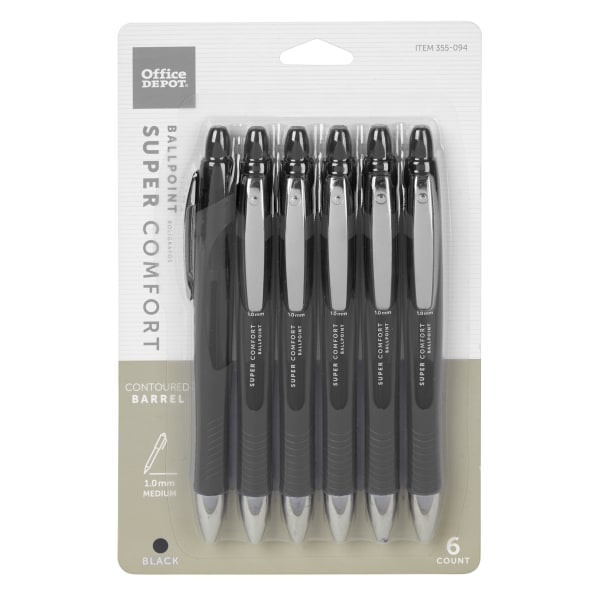 slide 1 of 2, Office Depot Retractable Ballpoint Pens with Grip, Medium Point, 1.0 mm, Black Barrel, Black Ink, 6 ct