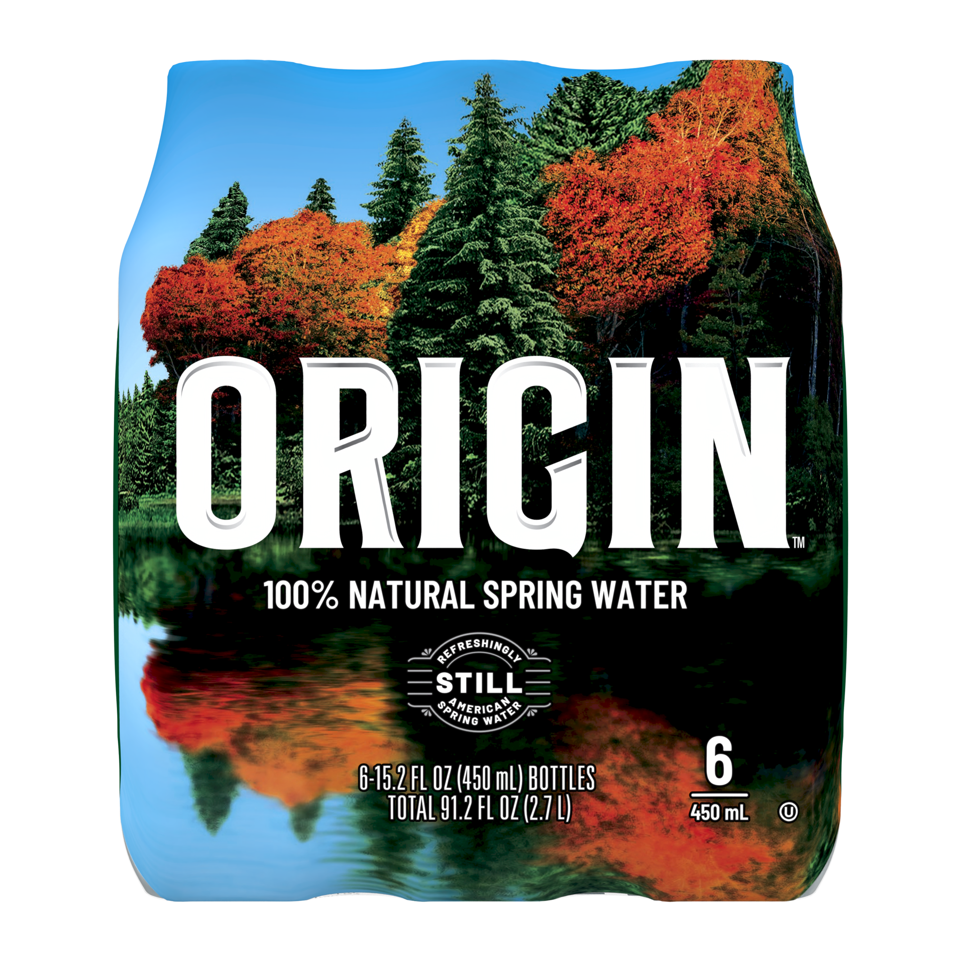 slide 1 of 1, ORIGIN, 100% Natural Spring Water, 450 mL, Recycled Plastic Bottle (6 Count), 15.2 oz