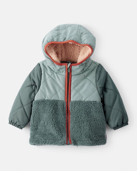 slide 1 of 3, Baby Boy Long-Sleeve Midweight Quilted Sherpa Jacket - Green Green 18M, 1 ct