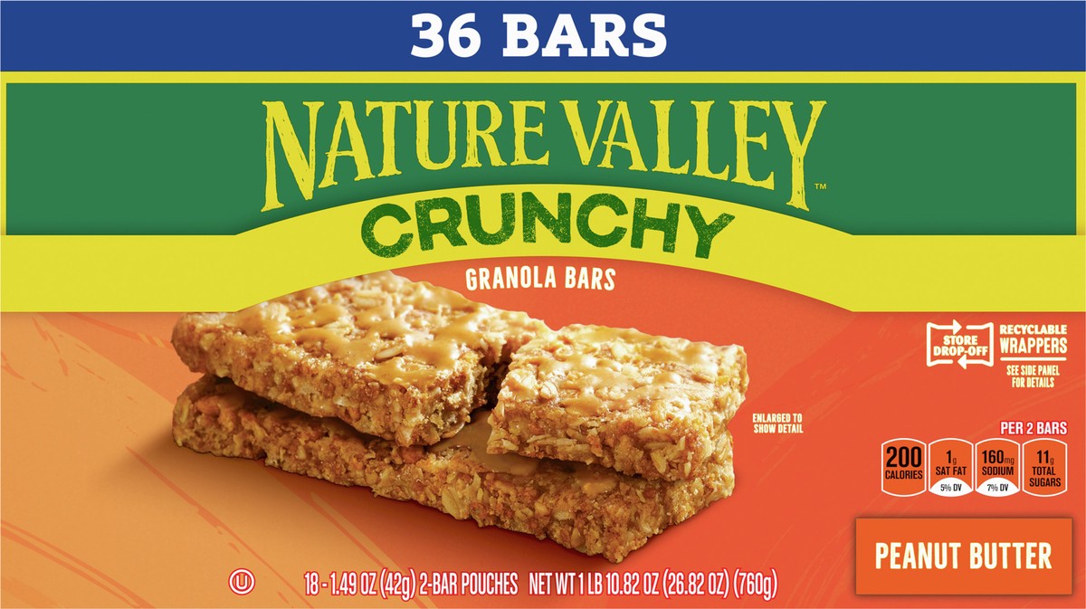 slide 2 of 9, Nature Valley Crunchy Granola Bars, Peanut Butter, 1.49 oz, 18 ct, 36 bars, 18 ct