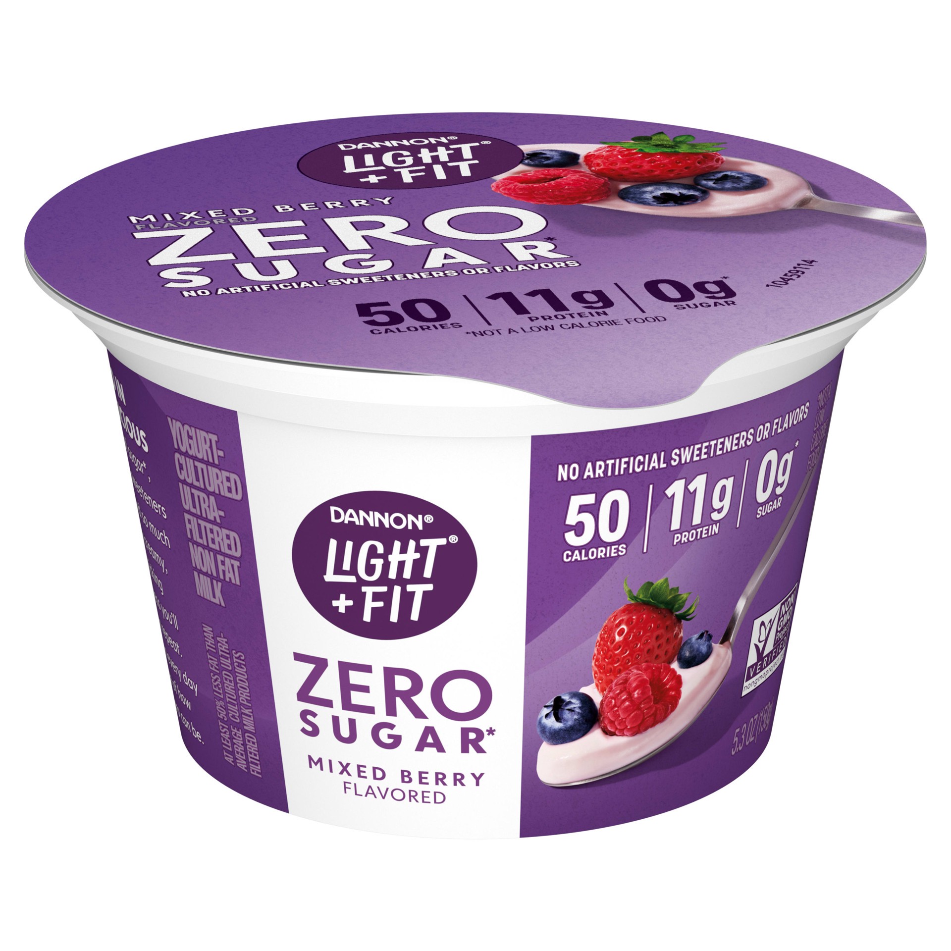 slide 2 of 5, Light + Fit Zero Sugar Mixed Berry Yogurt Cultured Ultra Filtered Non Fat Milk - 5.3 Oz, 5.3 oz