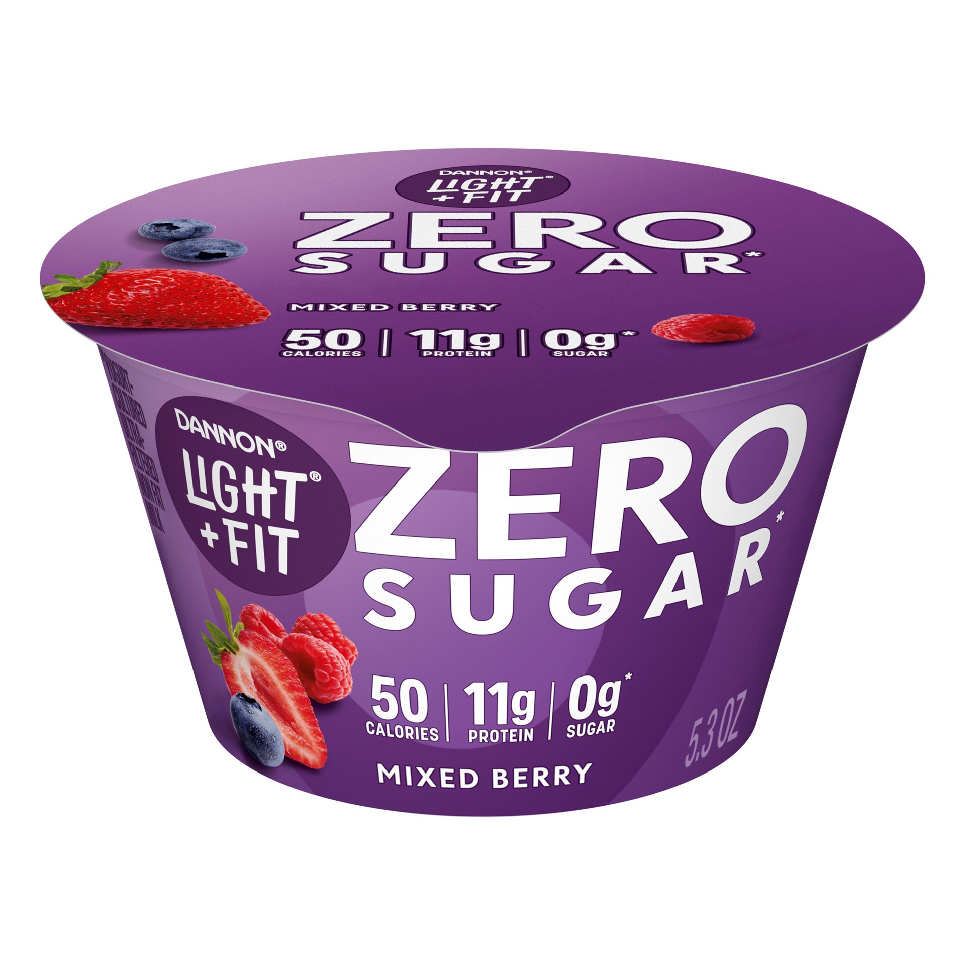 slide 1 of 5, Light + Fit Zero Sugar Mixed Berry Yogurt Cultured Ultra Filtered Non Fat Milk - 5.3 Oz, 5.3 oz