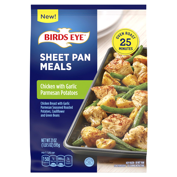 slide 1 of 1, Birds Eye Sheet Pan Meals, Chicken With Garlic Parmesan Seasoned Potatoes, Frozen Meal, 21 oz