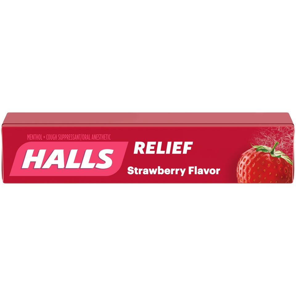 slide 2 of 4, Halls Strawberry Cough Suppressant/Oral Anesthetic Menthol Drops, 9 ct