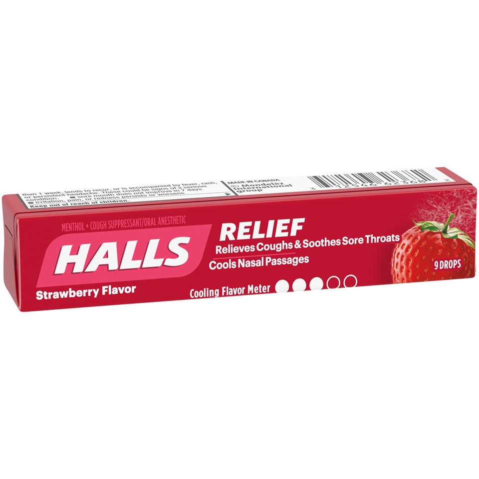 slide 3 of 4, Halls Strawberry Cough Suppressant/Oral Anesthetic Menthol Drops, 9 ct