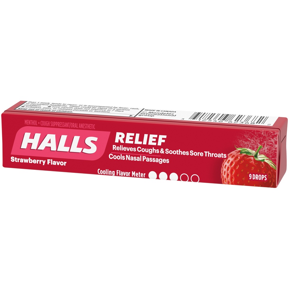 slide 4 of 4, Halls Strawberry Cough Suppressant/Oral Anesthetic Menthol Drops, 9 ct