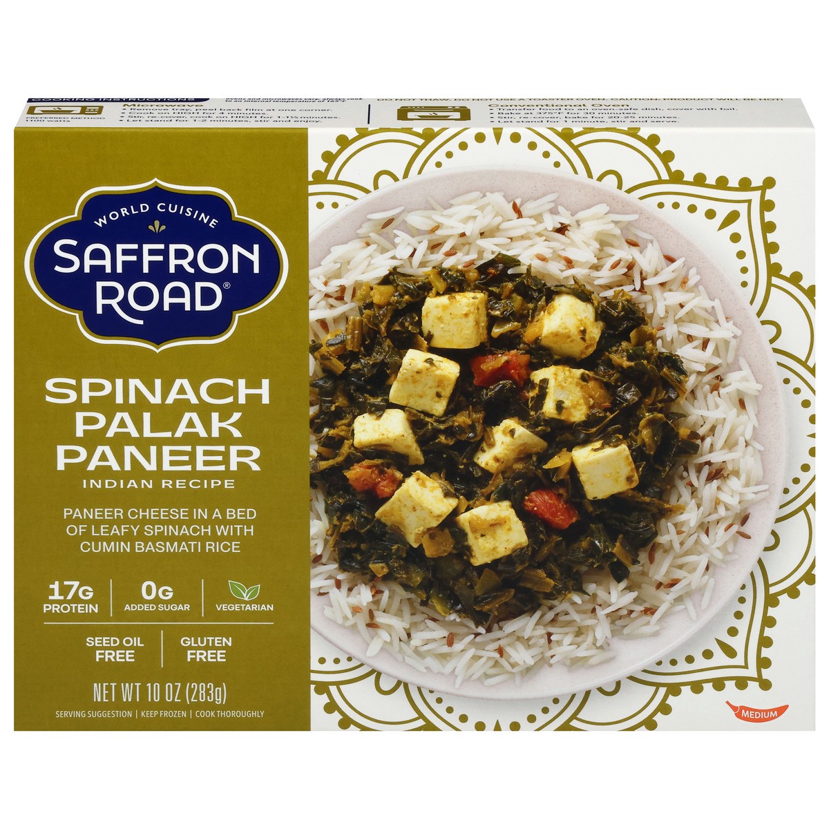 slide 1 of 12, Saffron Road Medium Indian Recipe Spinach Palak Paneer 10 oz, 10 oz