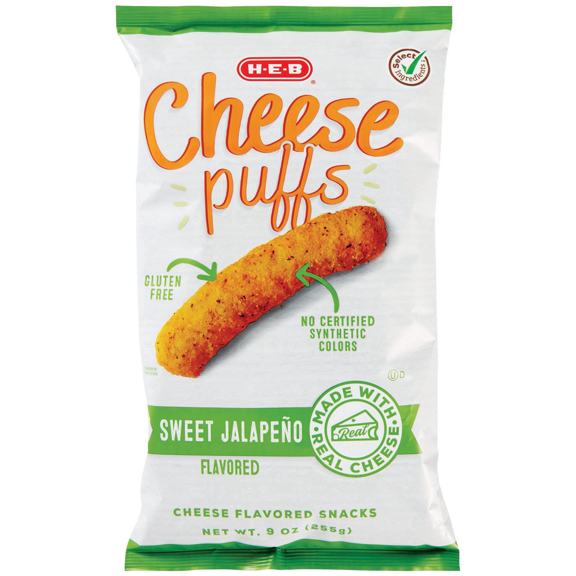 slide 1 of 1, H-E-B Cheese Puffs - Sweet Jalapeño, 9 oz