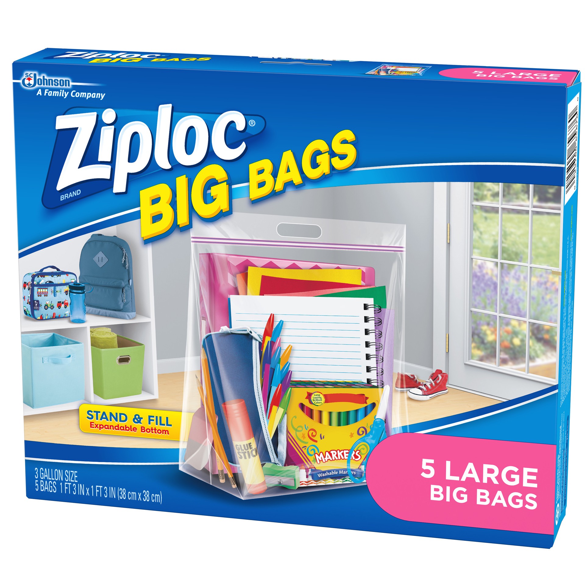 slide 2 of 5, Ziploc Big Bags, Large, Secure Double Zipper, 5 CT,  Expandable Bottom, Heavy-Duty Plastic, Built-In Handles, Flexible Shape to Fit Where Storage Boxes Can't, 5 ct