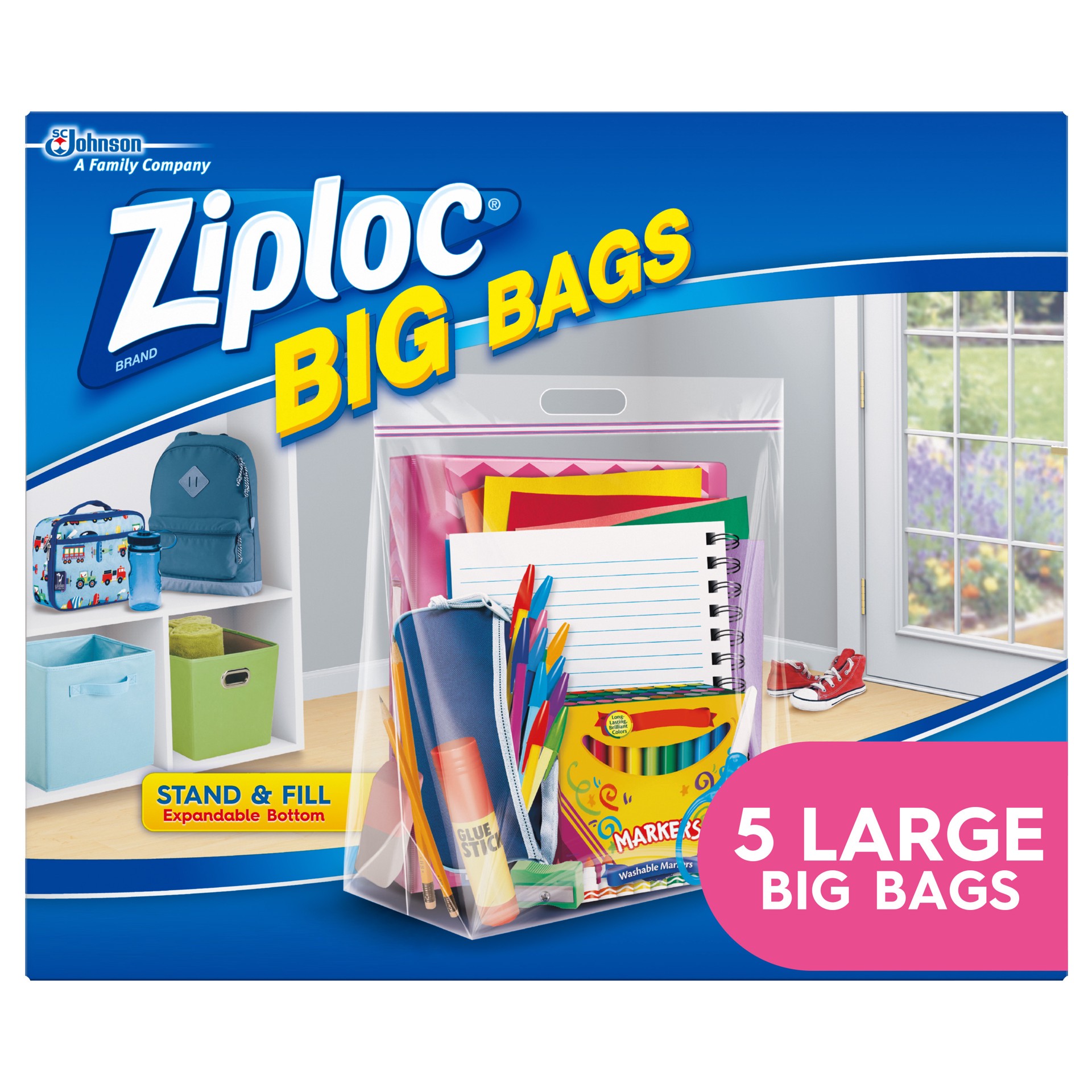 slide 3 of 5, Ziploc Big Bags, Large, Secure Double Zipper, 5 CT,  Expandable Bottom, Heavy-Duty Plastic, Built-In Handles, Flexible Shape to Fit Where Storage Boxes Can't, 5 ct