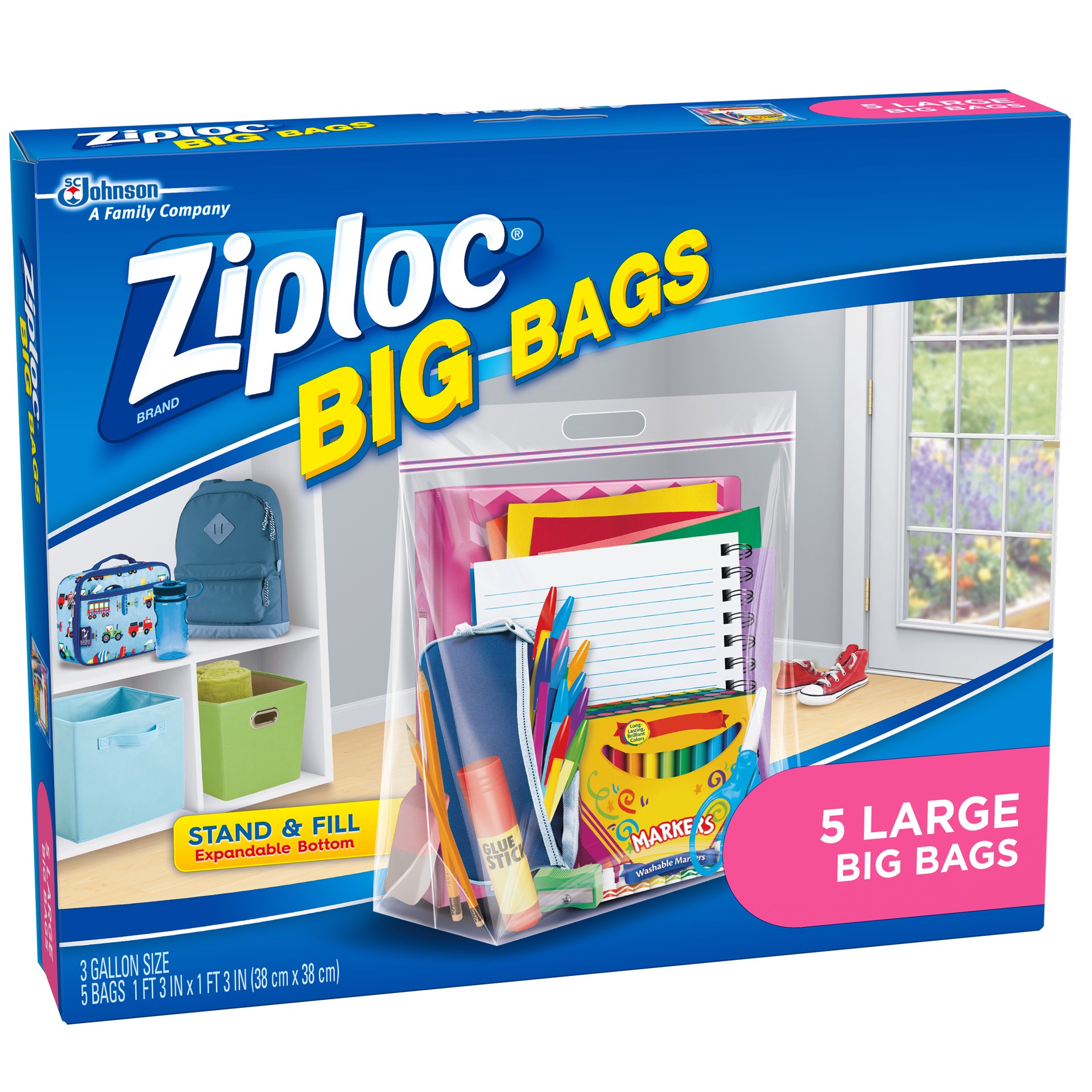 slide 4 of 5, Ziploc Big Bags, Large, Secure Double Zipper, 5 CT,  Expandable Bottom, Heavy-Duty Plastic, Built-In Handles, Flexible Shape to Fit Where Storage Boxes Can't, 5 ct
