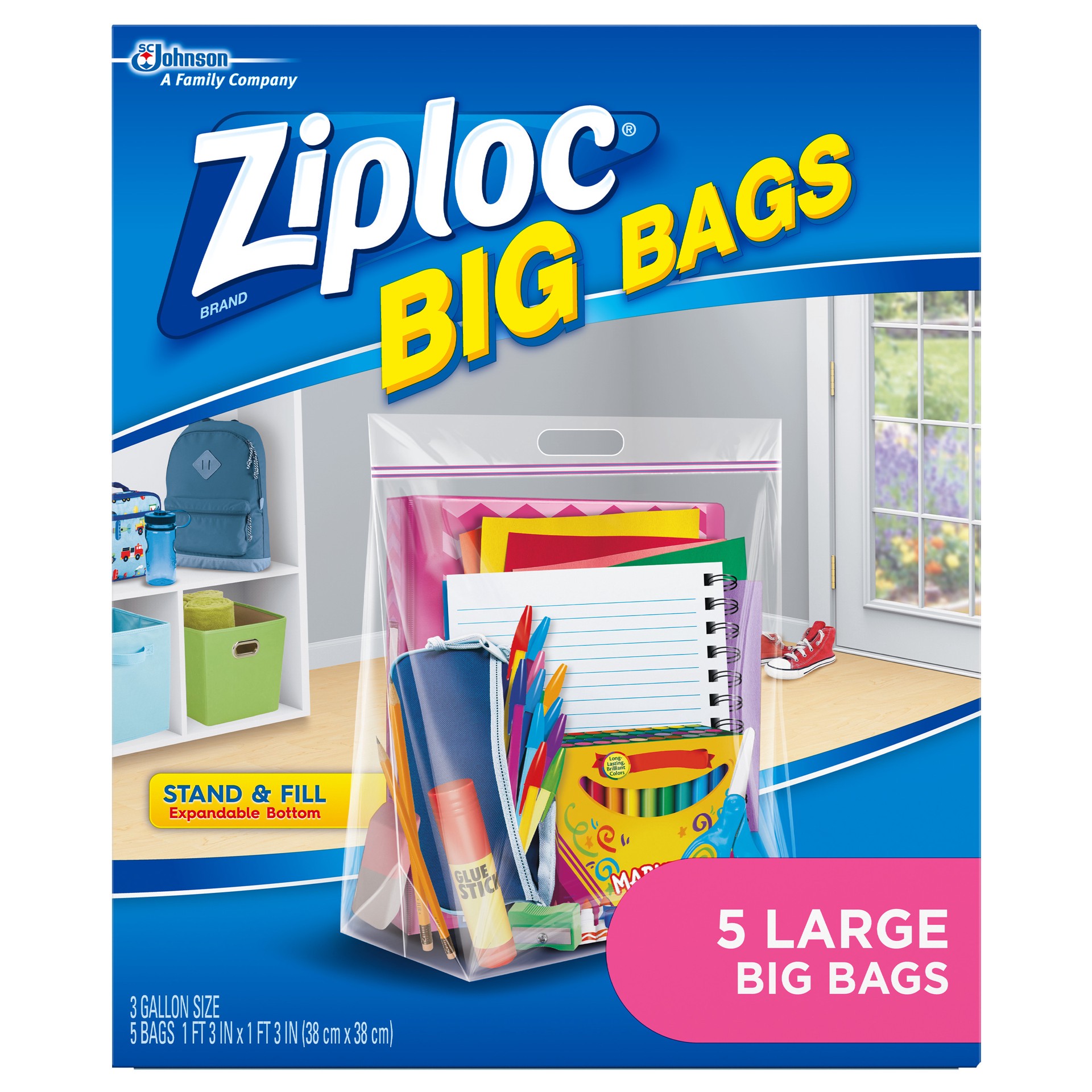 slide 5 of 5, Ziploc Big Bags, Large, Secure Double Zipper, 5 CT,  Expandable Bottom, Heavy-Duty Plastic, Built-In Handles, Flexible Shape to Fit Where Storage Boxes Can't, 5 ct
