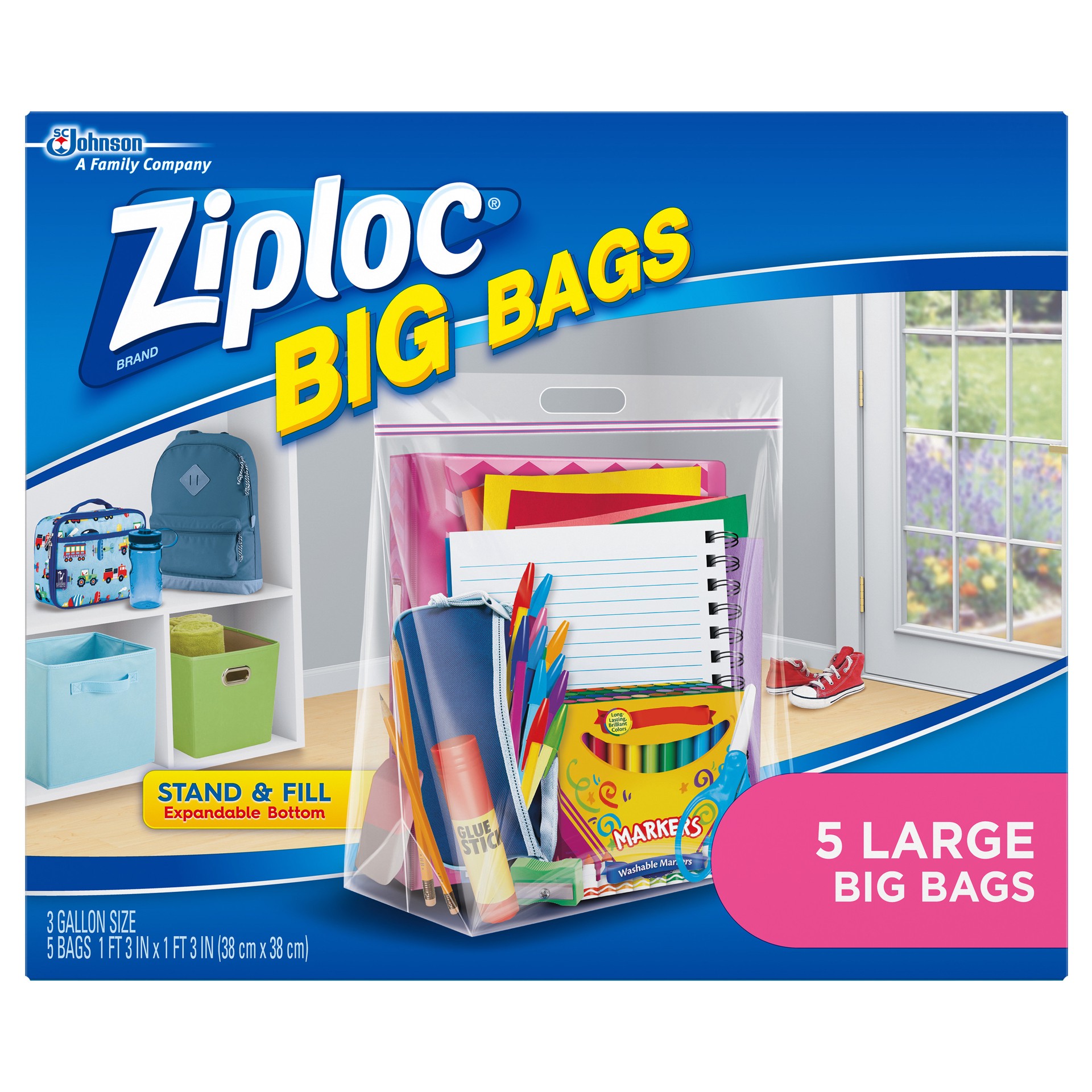 slide 1 of 5, Ziploc Big Bags, Large, Secure Double Zipper, 5 CT,  Expandable Bottom, Heavy-Duty Plastic, Built-In Handles, Flexible Shape to Fit Where Storage Boxes Can't, 5 ct