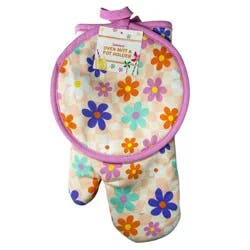 Meijer Corporate Seasonal Mcs Summer Disco Floral Oven Mitt & Pot Holder Set, 7 In X 13 In & 7 In X 7 In