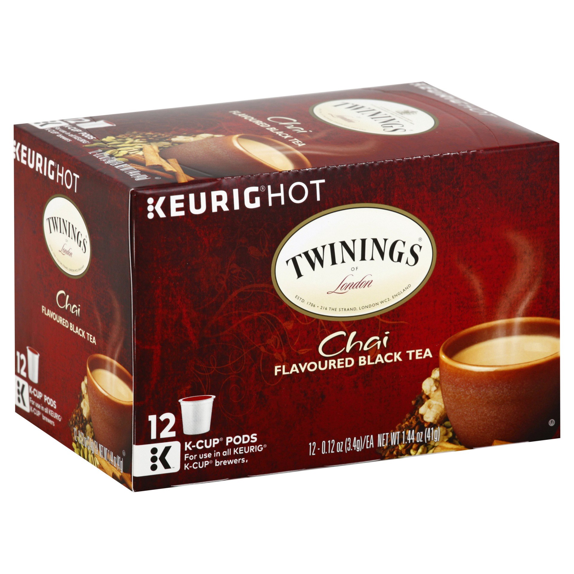 slide 1 of 7, Twinings of London Chai Flavoured Black Tea 12 ct K-Cup Pods 1.44 oz. Box, 1.44 oz