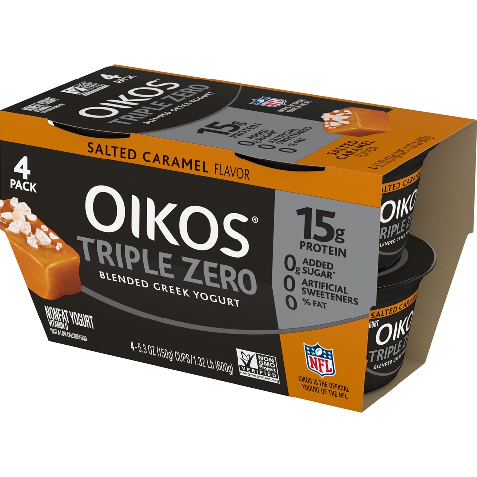 slide 1 of 4, Dannon Oikos Salted Caramel Flavored Blended Greek Yogurt, 4 ct; 5.3 oz