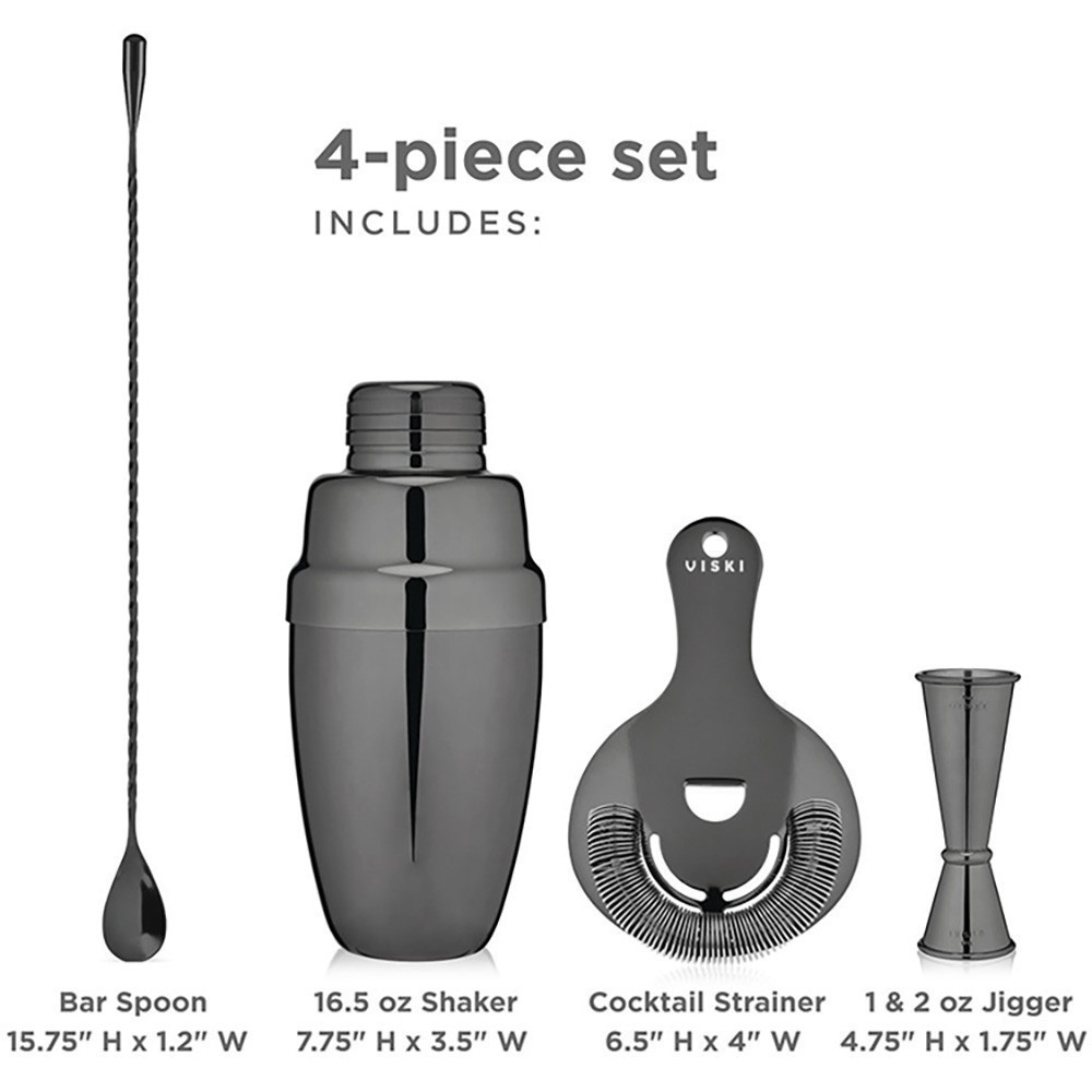 slide 1 of 1, Viski Barware Tool Set | Includes Double Jigger, Shaker, Hawthorne Strainer, Weighted Barspoon, 4 piece bar essentials, Gunmetal Black, 1 ct