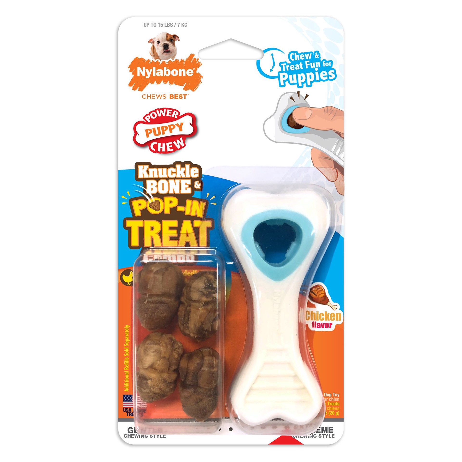 slide 1 of 1, Nylabone Puppy Power Chew Knuckle Bone & Pop-In Puppy Treat Toy Combo Chicken X-Small/Petite - Up to 15 lbs.(1 Count), XS