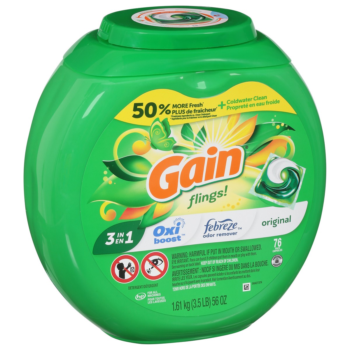 slide 9 of 9, Gain Flings Laundry Detergent Pacs, 152 Count, Original Scent, 3 in 1 HE Detergent Pacs with Oxi Boost and Febreeze, 76 ct