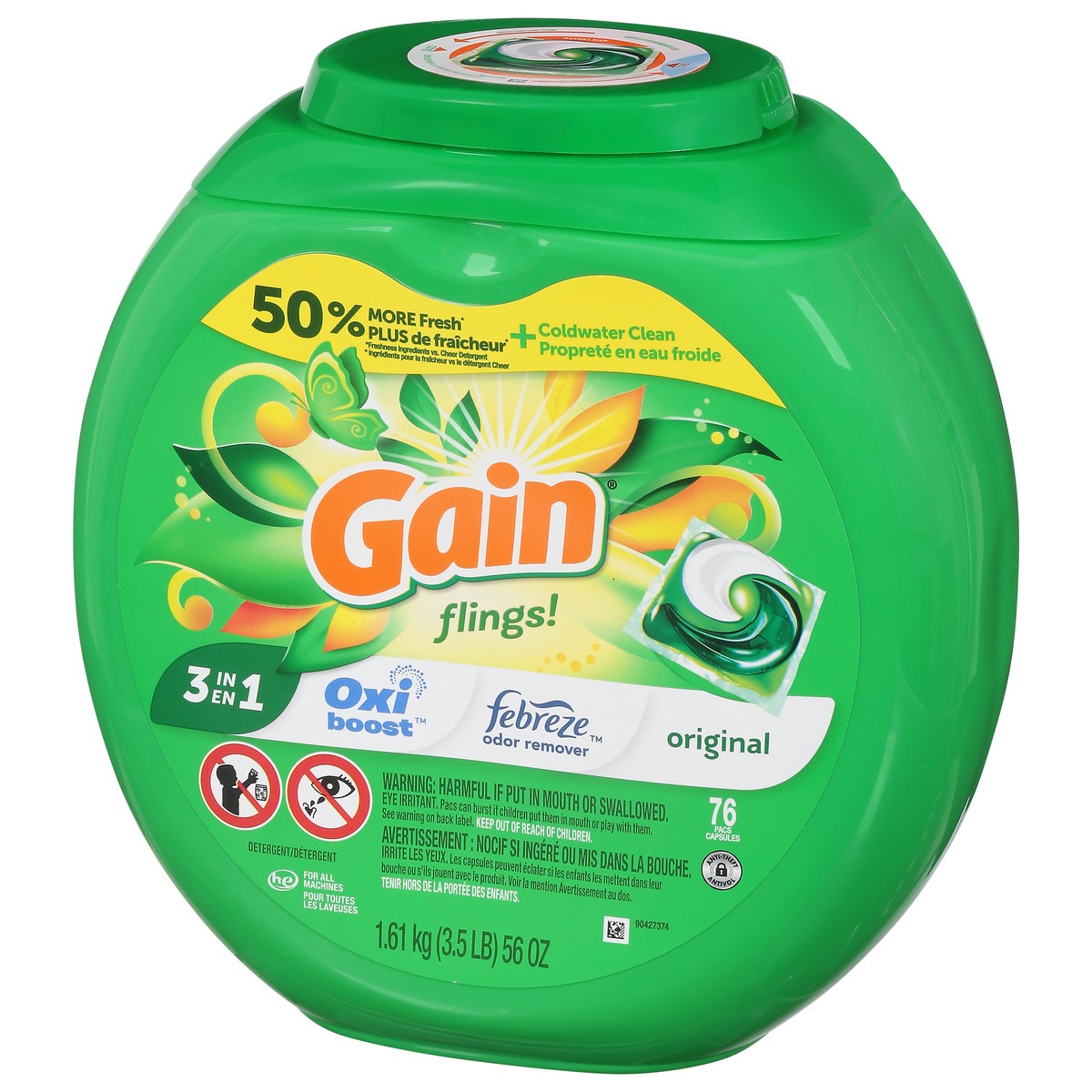 slide 3 of 9, Gain Flings Laundry Detergent Pacs, 152 Count, Original Scent, 3 in 1 HE Detergent Pacs with Oxi Boost and Febreeze, 76 ct
