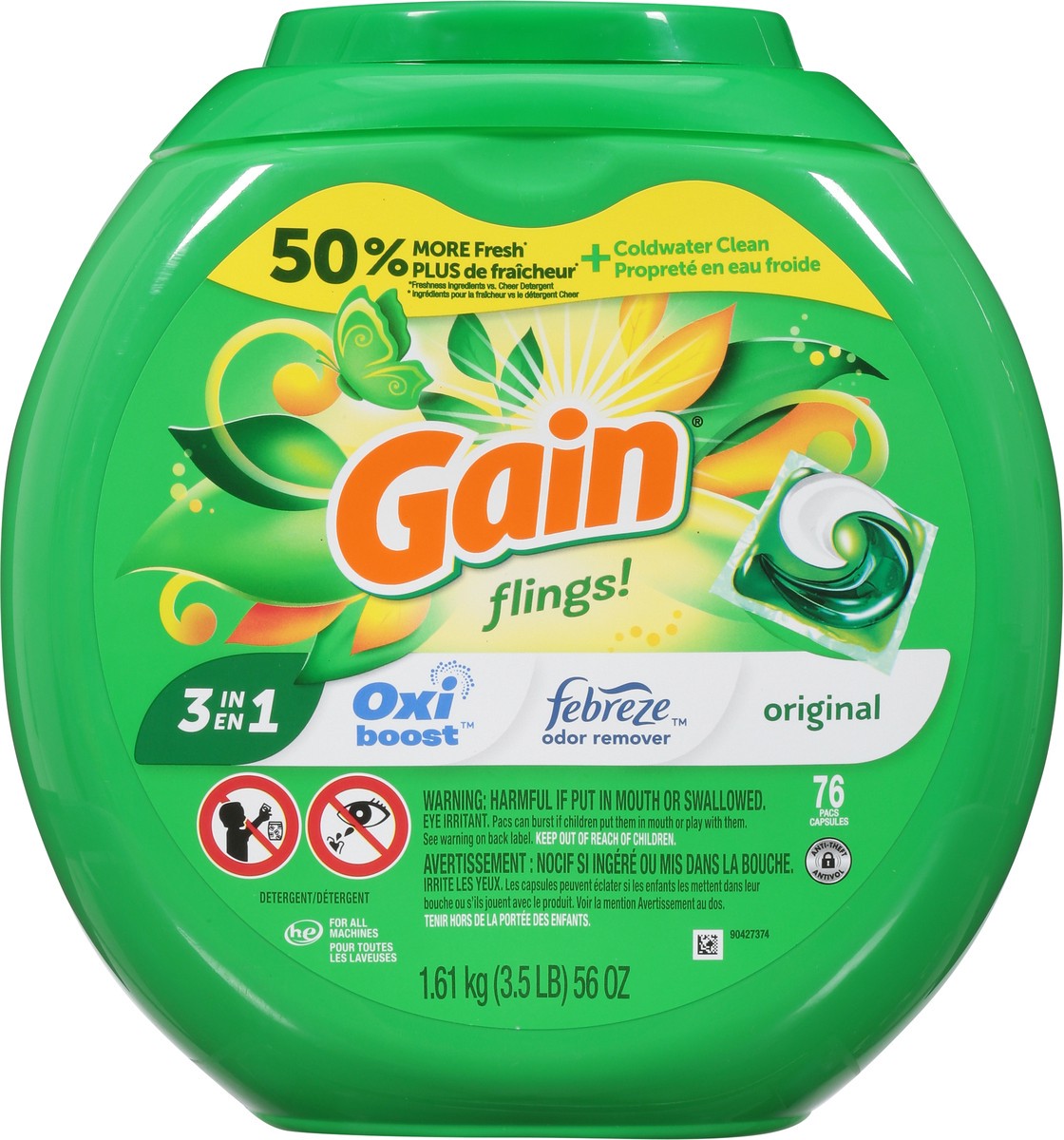 slide 2 of 9, Gain Flings Laundry Detergent Pacs, 152 Count, Original Scent, 3 in 1 HE Detergent Pacs with Oxi Boost and Febreeze, 76 ct