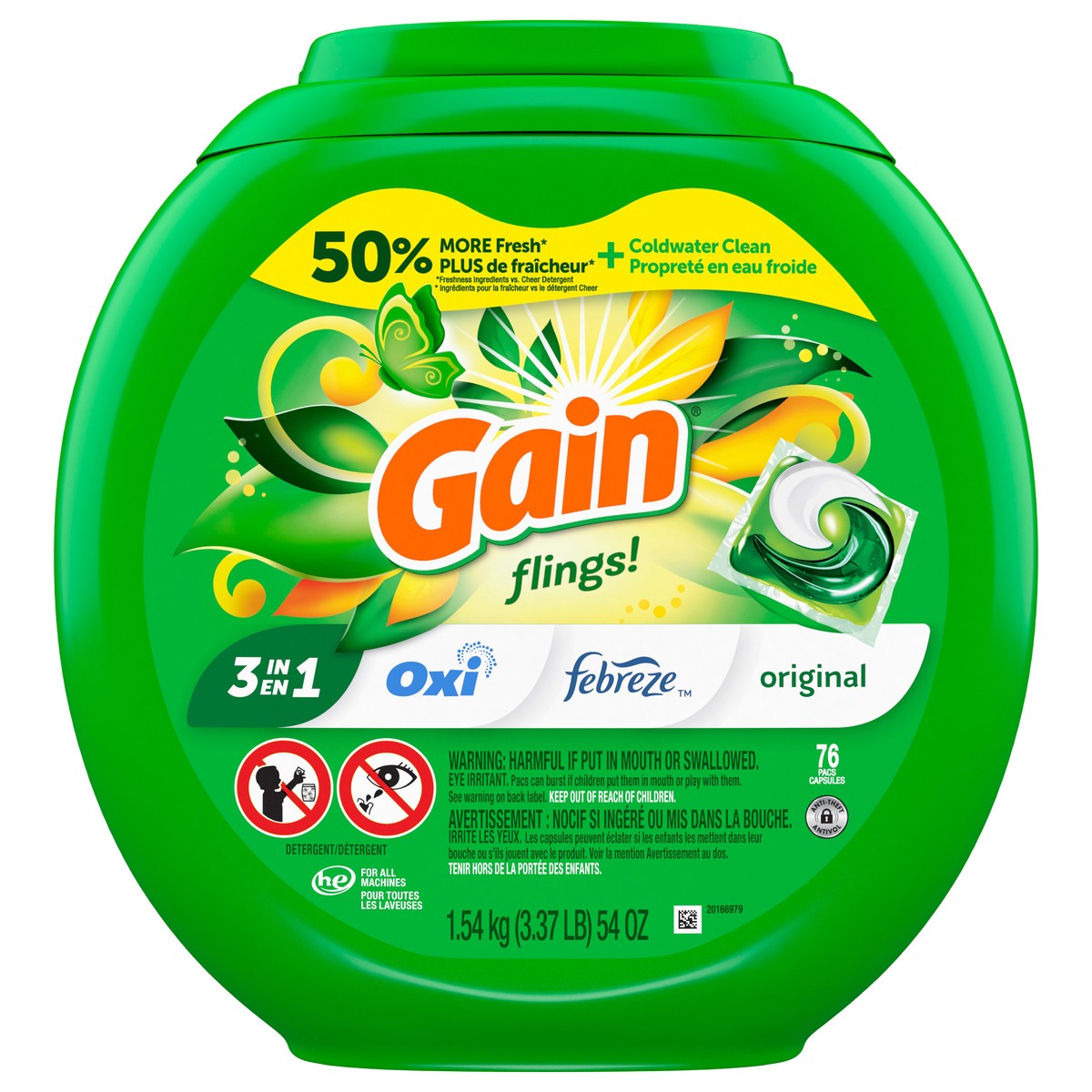 slide 1 of 9, Gain Flings Laundry Detergent Pacs, 152 Count, Original Scent, 3 in 1 HE Detergent Pacs with Oxi Boost and Febreeze, 76 ct