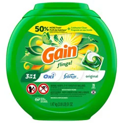 Gain Flings Liquid Washing Detergent pacs, Now with Odor Defense + Color Guard, Original Scent, 76 Count, 4-In-1 liquid laundry detergent pacs (Oxi, up to all day scent, Febreze Odor Defense and color guard), clean & fresh
