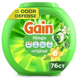 Gain Flings Liquid Washing Detergent pacs, Now with Odor Defense + Color Guard, Original Scent, 76 Count, 4-In-1 liquid laundry detergent pacs (Oxi, up to all day scent, Febreze Odor Defense and color guard), clean & fresh