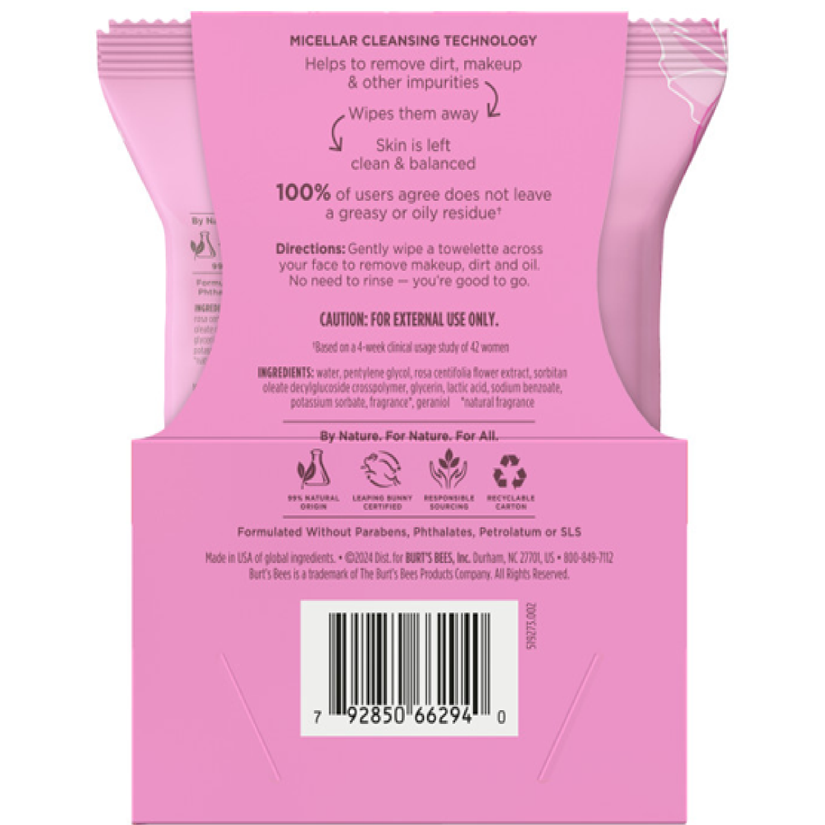 slide 4 of 8, Burt's Bees Micellar Rose Water Facial Towelettes Value Twin Pack, 100% Plant Based; 99% Natural Origin; Removes Makeup, Cleanses, Hydrates; No Greasy or Oily Residue; All Skin Types; 2 30ct. Packs, 30 ct