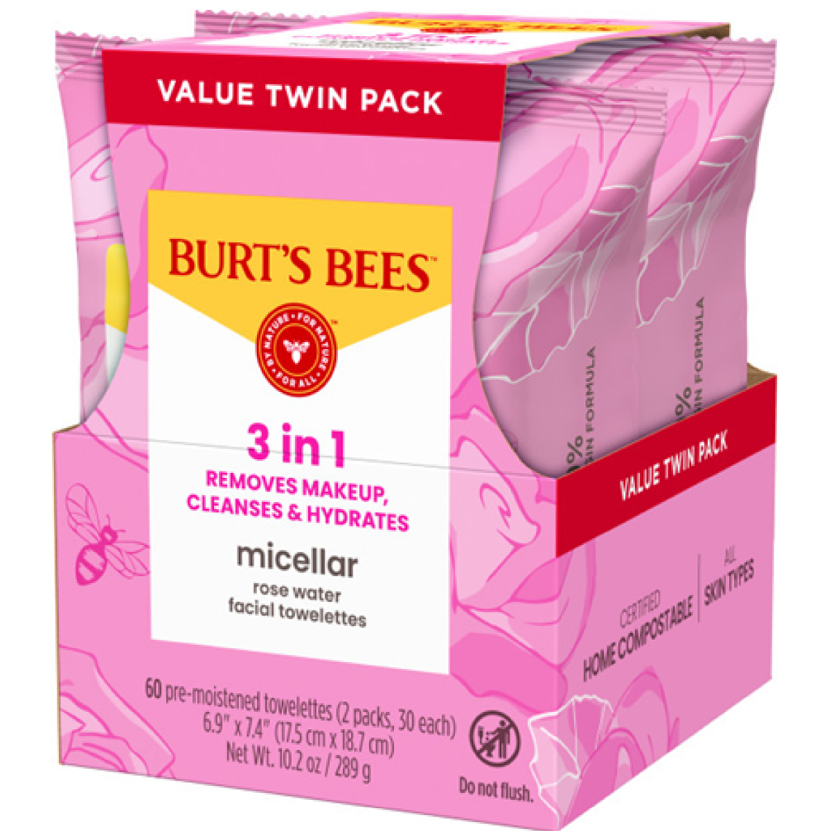 slide 5 of 8, Burt's Bees Micellar Rose Water Facial Towelettes Value Twin Pack, 100% Plant Based; 99% Natural Origin; Removes Makeup, Cleanses, Hydrates; No Greasy or Oily Residue; All Skin Types; 2 30ct. Packs, 30 ct