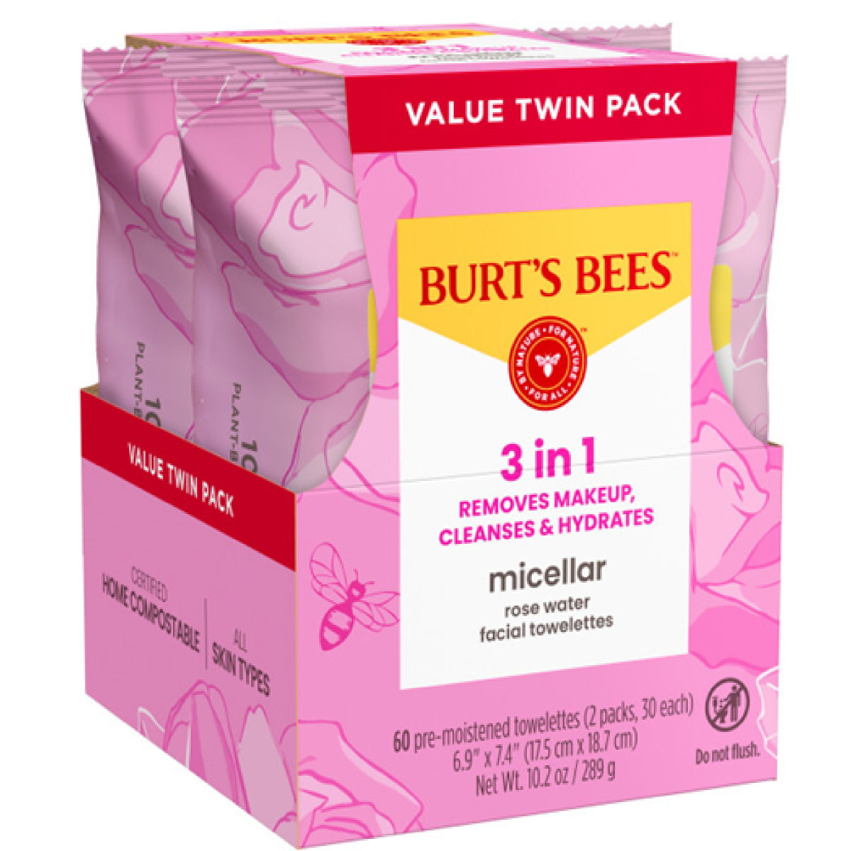 slide 7 of 8, Burt's Bees Micellar Rose Water Facial Towelettes Value Twin Pack, 100% Plant Based; 99% Natural Origin; Removes Makeup, Cleanses, Hydrates; No Greasy or Oily Residue; All Skin Types; 2 30ct. Packs, 30 ct