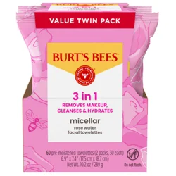Burt's Bees Micellar Rose Water Facial Towelettes, 2 x 30 ct. Package
