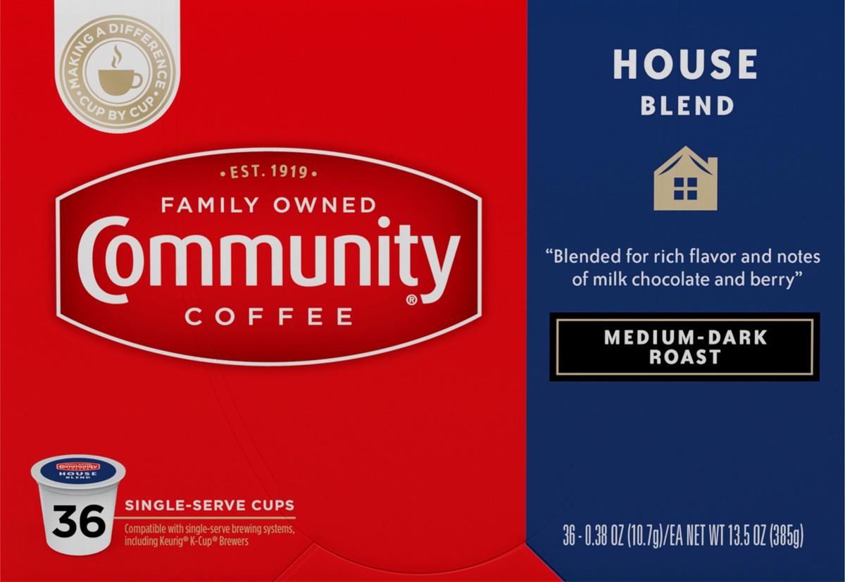 slide 1 of 9, Community Coffee Coffee House Blend Medium-Dark Roast Coffee Single-Serve Cups - 13.5 oz, 36 ct