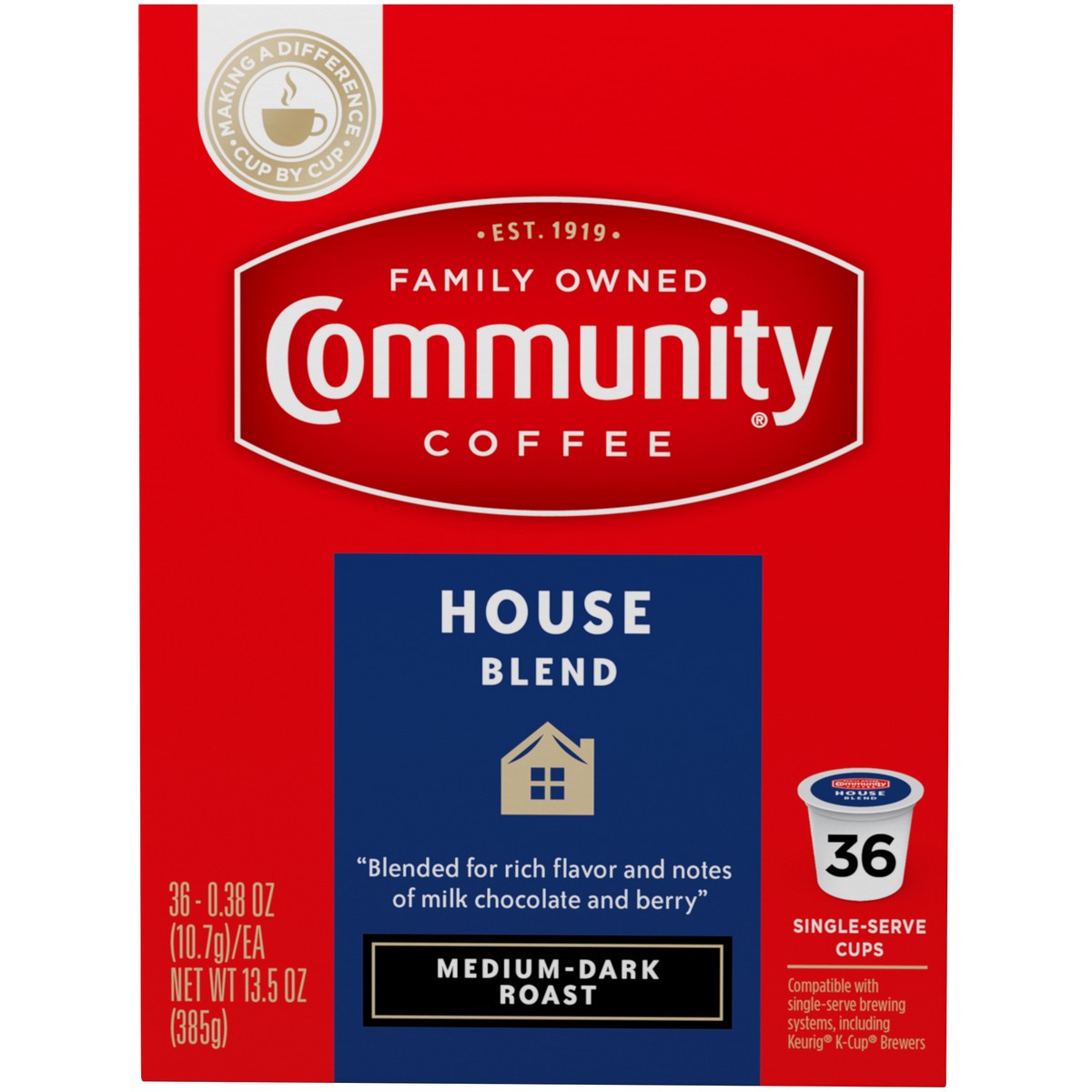 slide 9 of 9, Community Coffee Coffee House Blend Medium-Dark Roast Coffee Single-Serve Cups - 13.5 oz, 36 ct