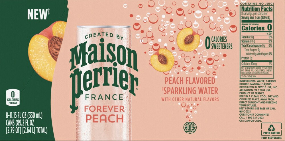slide 3 of 3, Maison Perrier Forever Peach Flavored Sparkling Water, 11.15 FL OZ Cans, 8 Count 330 ml, 8 ct