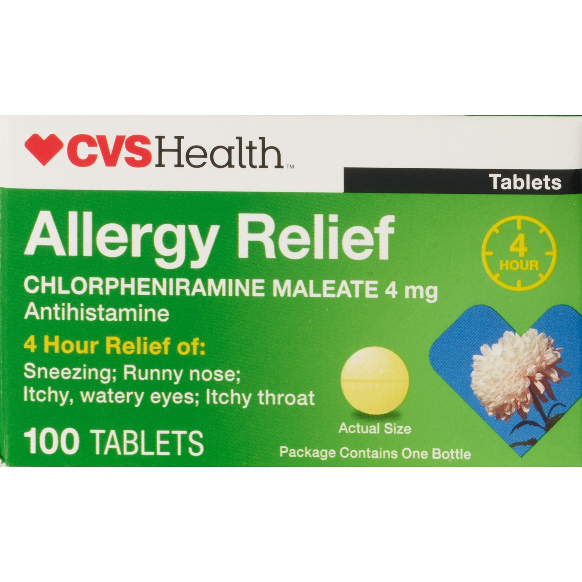 slide 1 of 4, CVS Health 4Hr Allergy Relief Chlorpheniramine Maleate, 100 Ct, 1 ct