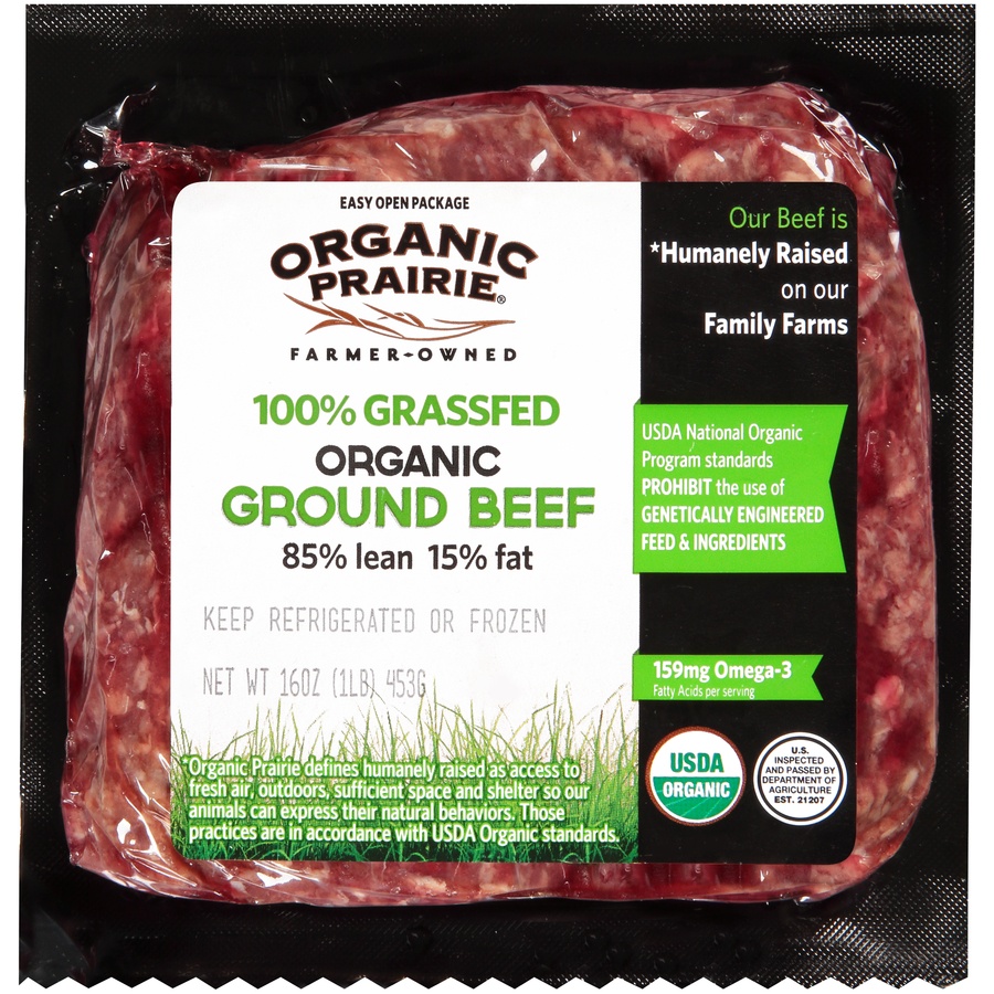 slide 1 of 6, Organic Prairie 100% Grassfed Ground Beef 85/15, 16 oz