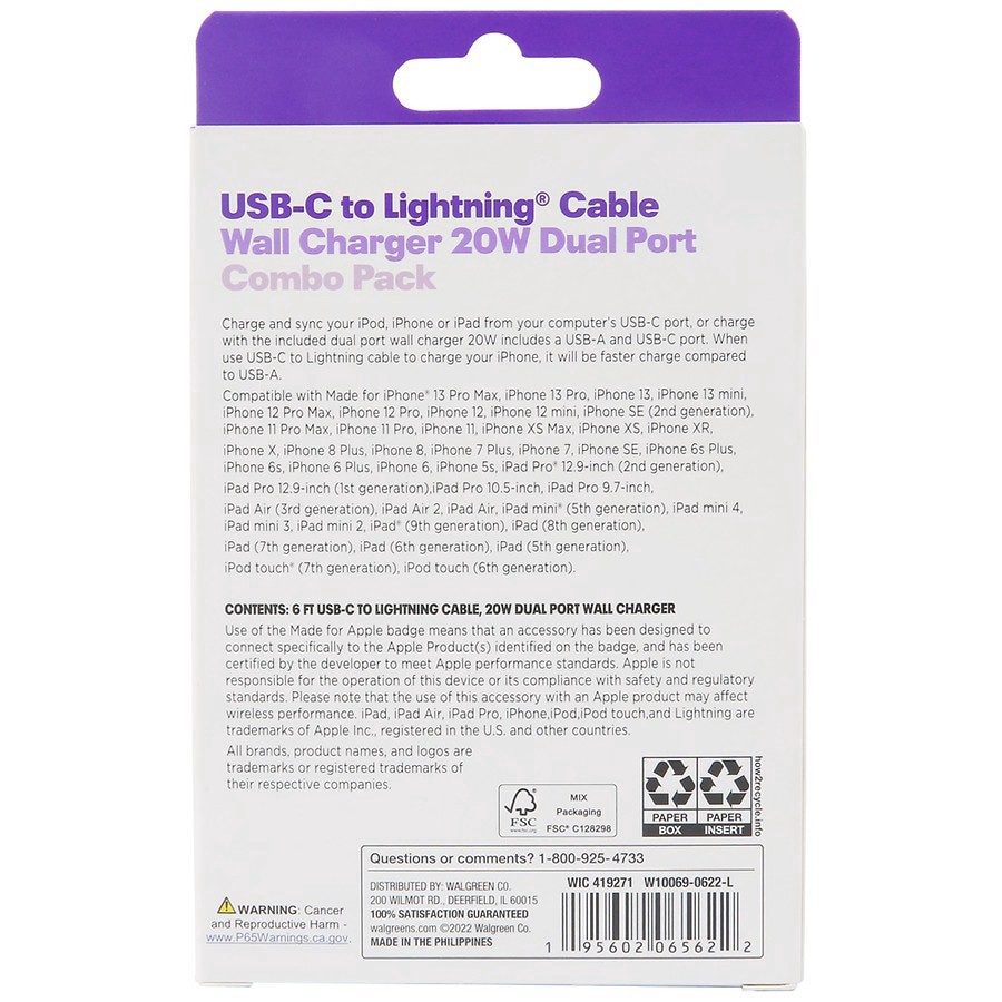 slide 3 of 3, Infinitive USB-C to Lightning Cable Wall Charger 20W Dual Port Combo Pack, 2 ct