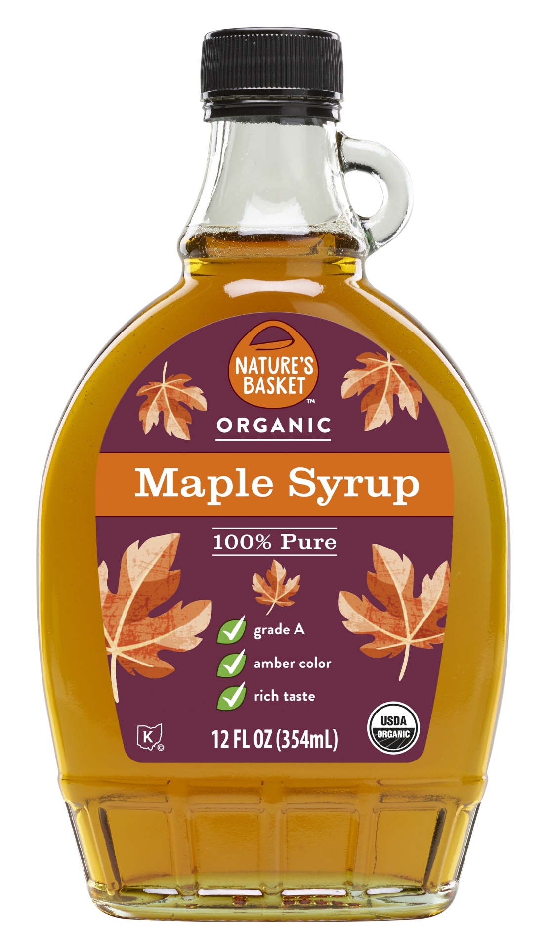 slide 1 of 1, nature's basket Org Maple Syrup Pure Amber, 12 oz