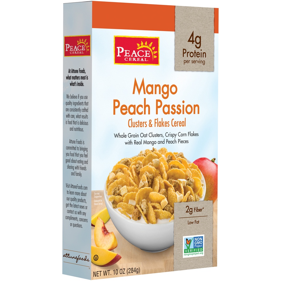 slide 1 of 1, Peace Low-Fat Mango Peach Passion Clusters and Flakes Cereal, 10 oz
