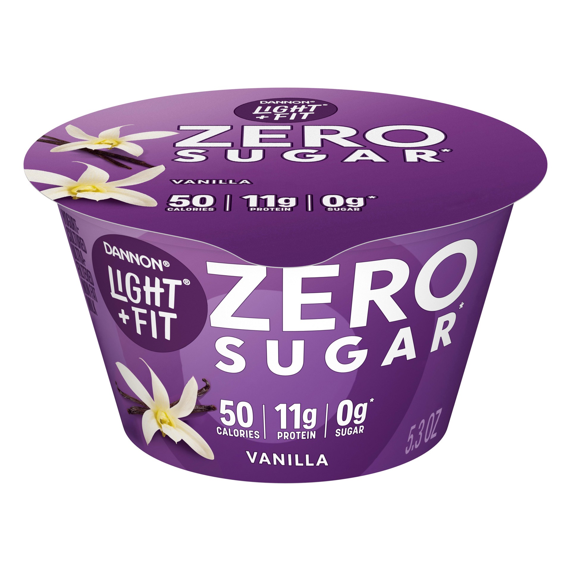 slide 1 of 1, Light + Fit Dannon Light + Fit Zero Sugar, Vanilla Fat Free Yogurt-Cultured Dairy Product, Creamy and Delicious Gluten Free Snacks, 5.3 OZ, 5.3 oz