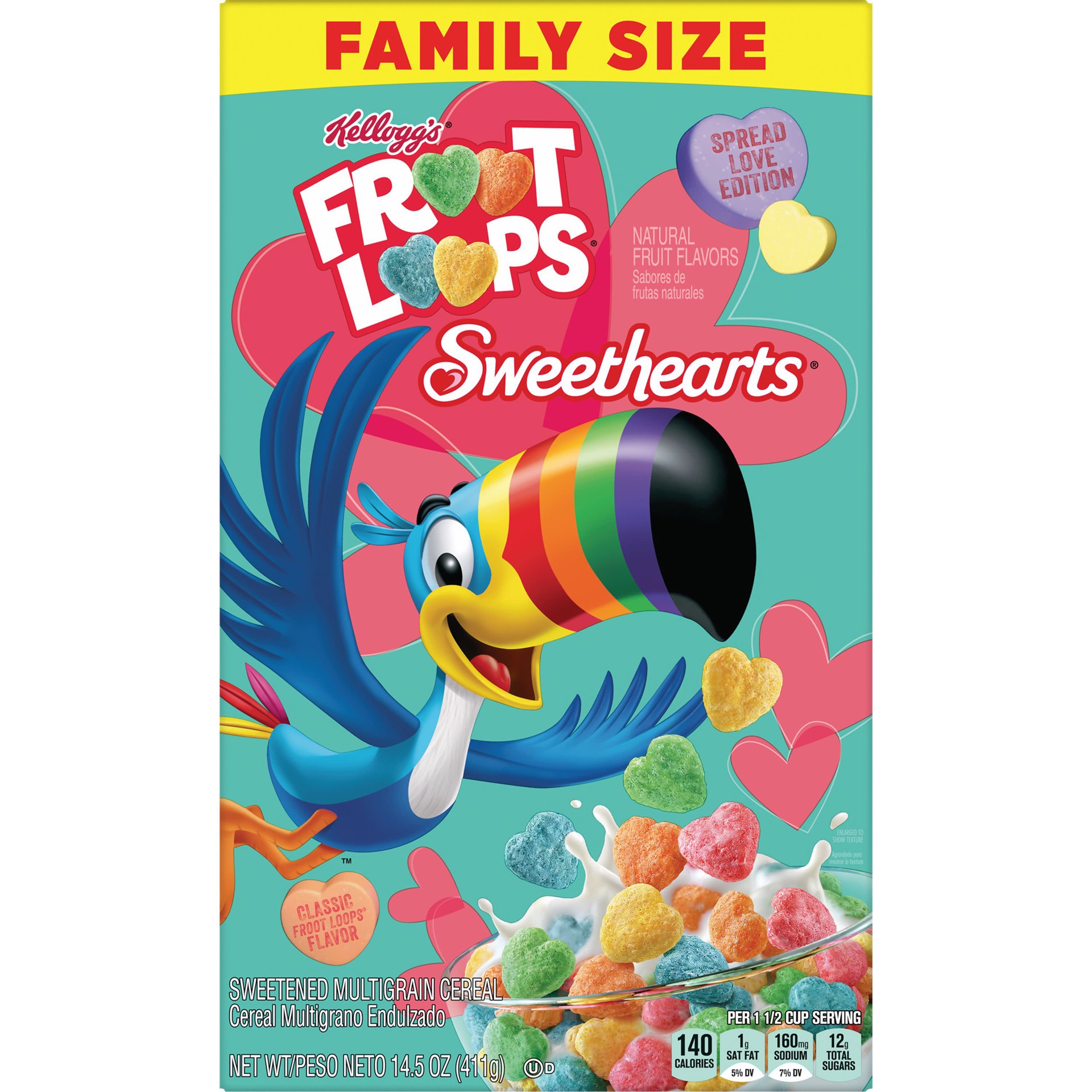 slide 2 of 5, Kellogg's Froot Loops Sweethearts Breakfast Cereal, Fruit Flavored, Valentine's Day Snacks, Family Size, Original, 14.5oz Box, 1 Box, 14.5 oz