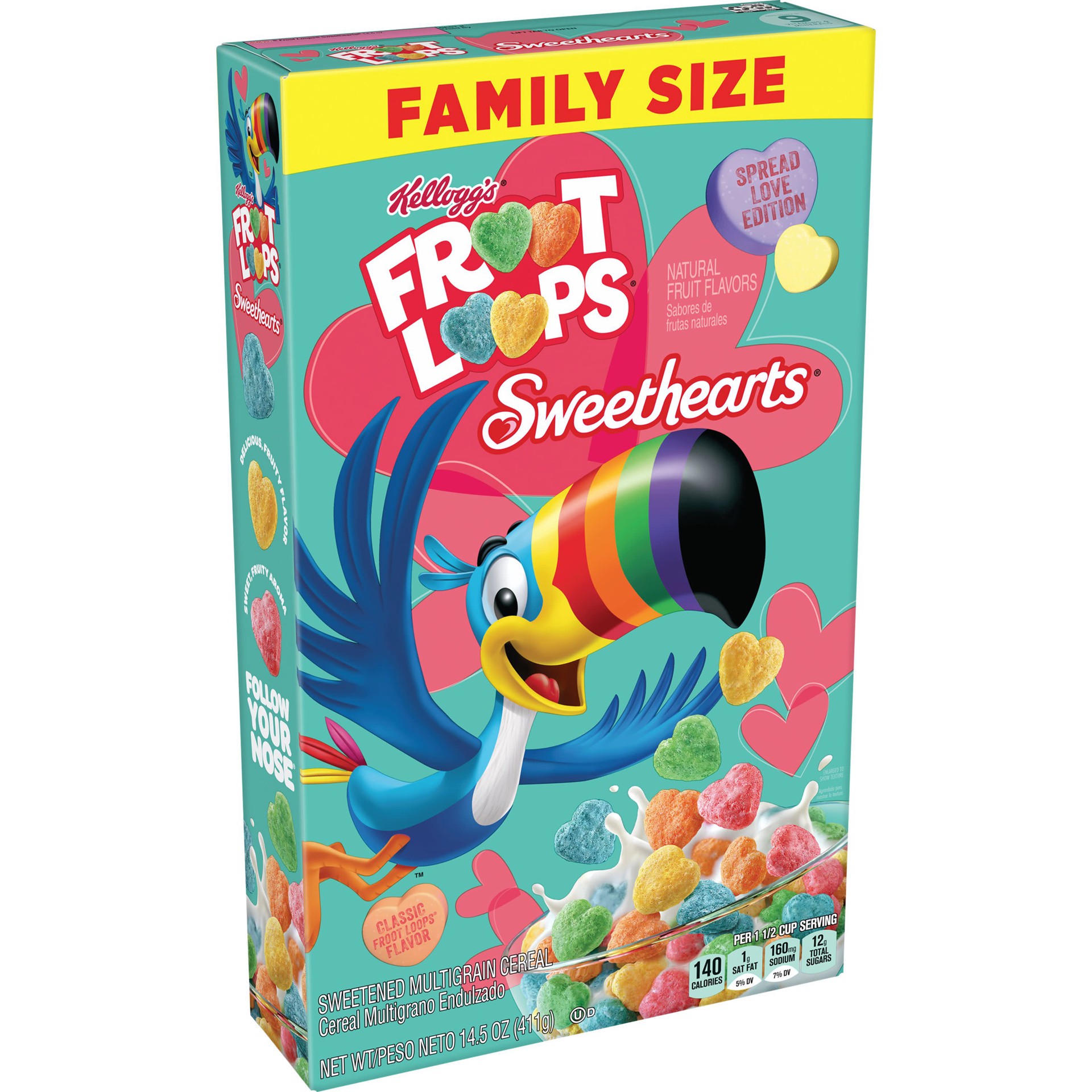 slide 1 of 5, Kellogg's Froot Loops Sweethearts Breakfast Cereal, Fruit Flavored, Valentine's Day Snacks, Family Size, Original, 14.5oz Box, 1 Box, 14.5 oz