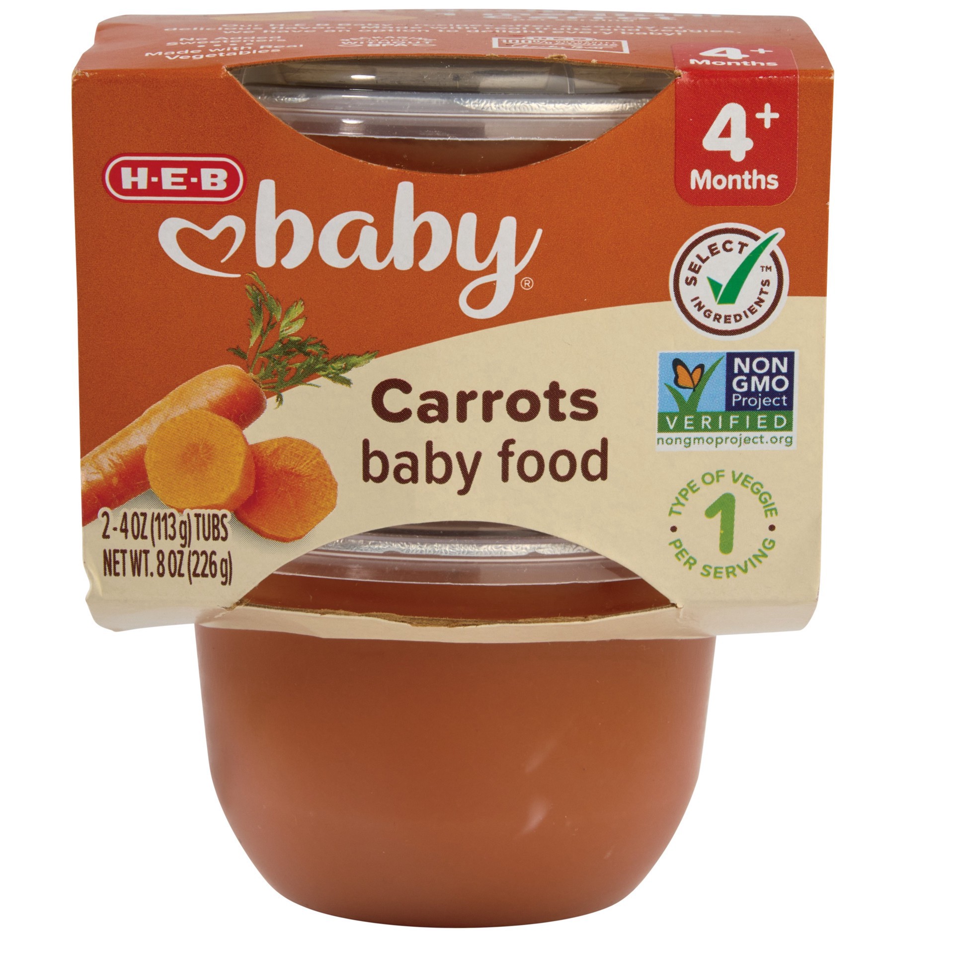 slide 1 of 1, H-E-B Baby Food- Carrot, 4 oz Tubs, 2 ct