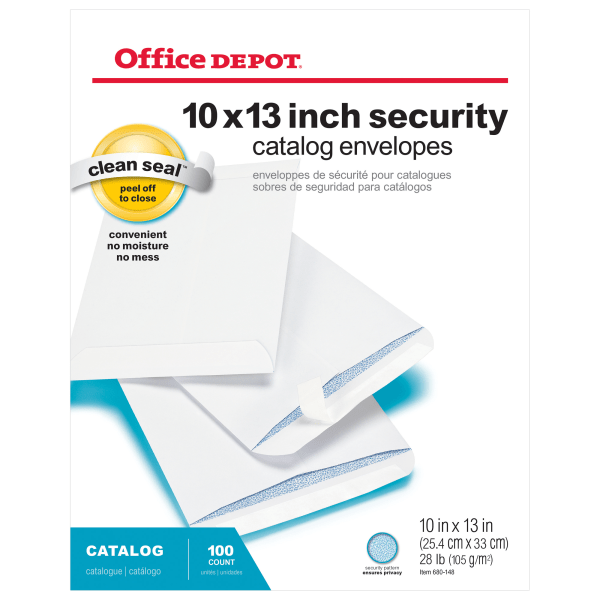 slide 1 of 1, Office Depot Brand Clean Seal Catalog Envelopes, 10'' X 13'', White With Security Tint, Pack Of 100, 100 ct