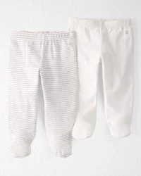 Littleplanet Baby 2-Pack Organic Cotton Rib Footed Pants - Heather Grey Stripe, Sweet Cream NB