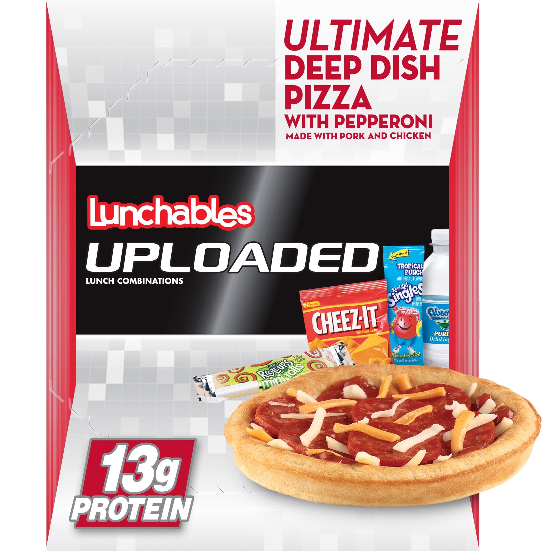 slide 1 of 9, Lunchables Uploaded Ultimate Deep Dish Pepperoni Pizza Meal Kit with Water, Kool-Aid Tropical Punch Single, Cheez-It Crackers & Fruit Roll-Up Candy, 14.7 oz Box, 14.7 oz