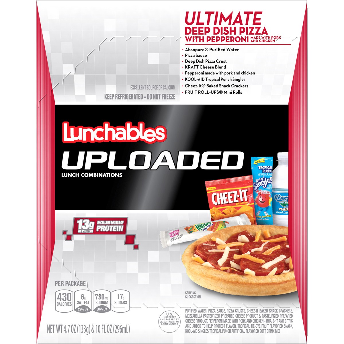 slide 6 of 9, Lunchables Uploaded Ultimate Deep Dish Pepperoni Pizza Meal Kit with Water, Kool-Aid Tropical Punch Single, Cheez-It Crackers & Fruit Roll-Up Candy, 14.7 oz Box, 14.7 oz