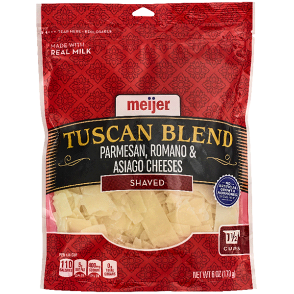 slide 1 of 1, Meijer Shaved Parmesan, Romano and Asiago Cheese. Tuscan Blend, 6 oz